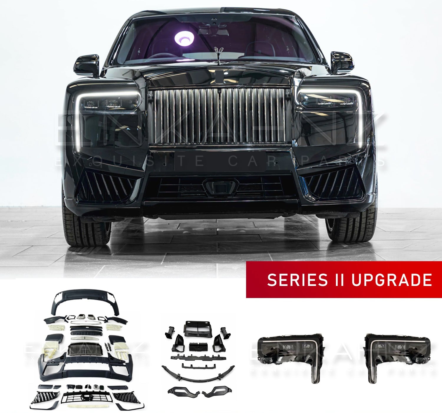 Series 2 Upgrade front view of the cullinan car with the bodykit parts in the bottom. 