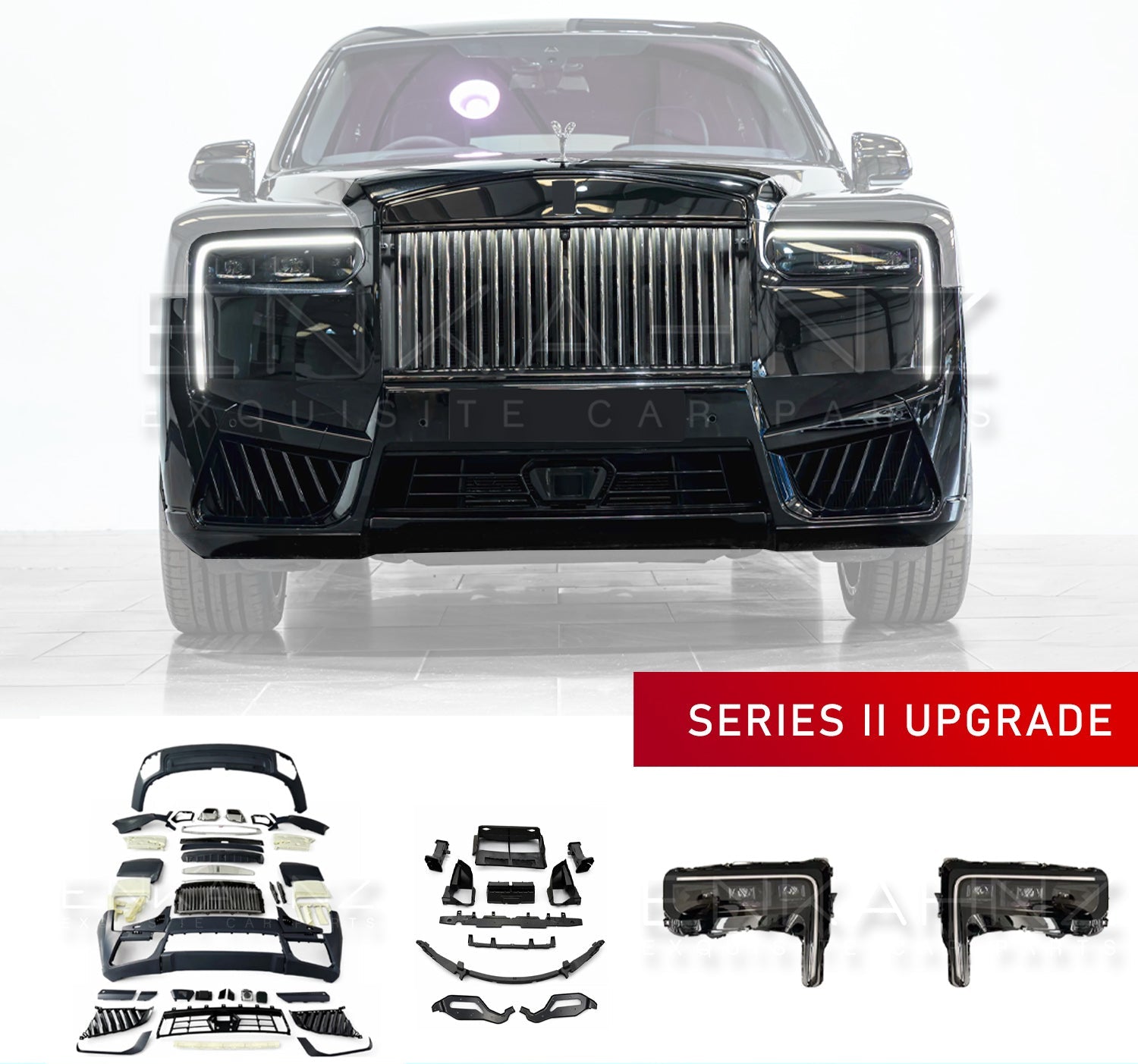 series 2 upgrade front view Cullinan white shot with the product parts in the bottom. 