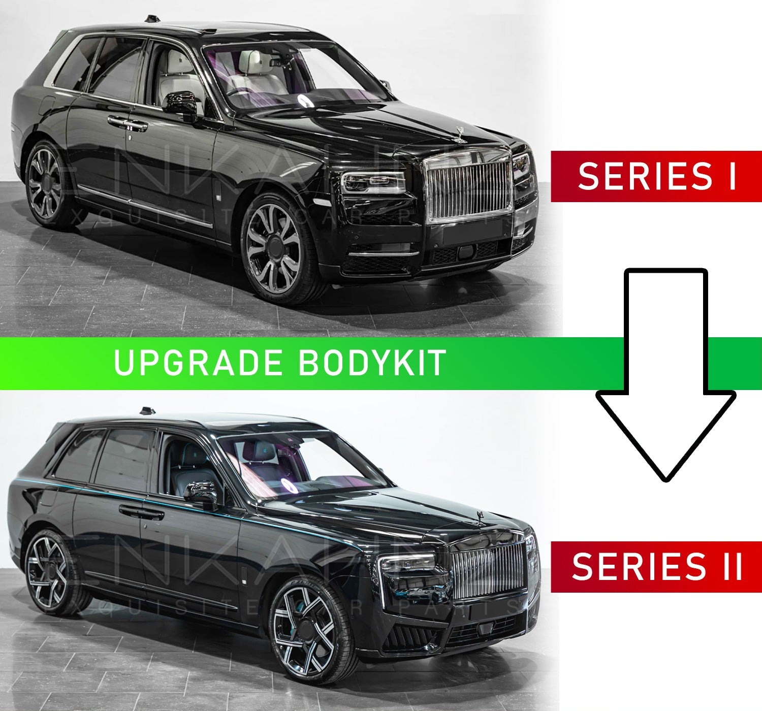 Comparison of a black cullinan SUV with 'Upgrade Bodykit' text and 'Series I' to 'Series II' labels.
