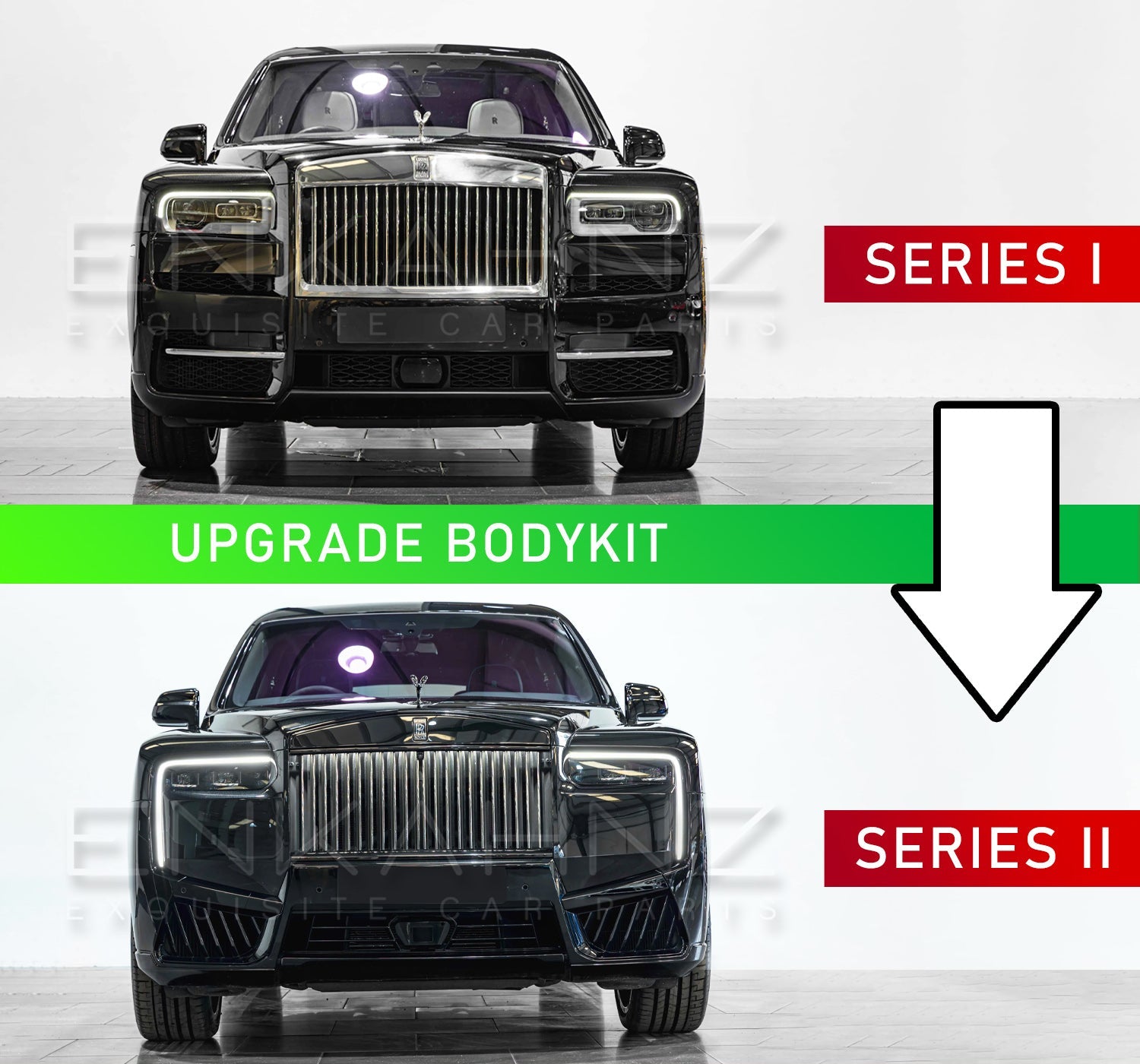 Comparison of a black luxury Cullinan SUV with 'Upgrade Bodykit' text and 'Series I' to 'Series II' labels.