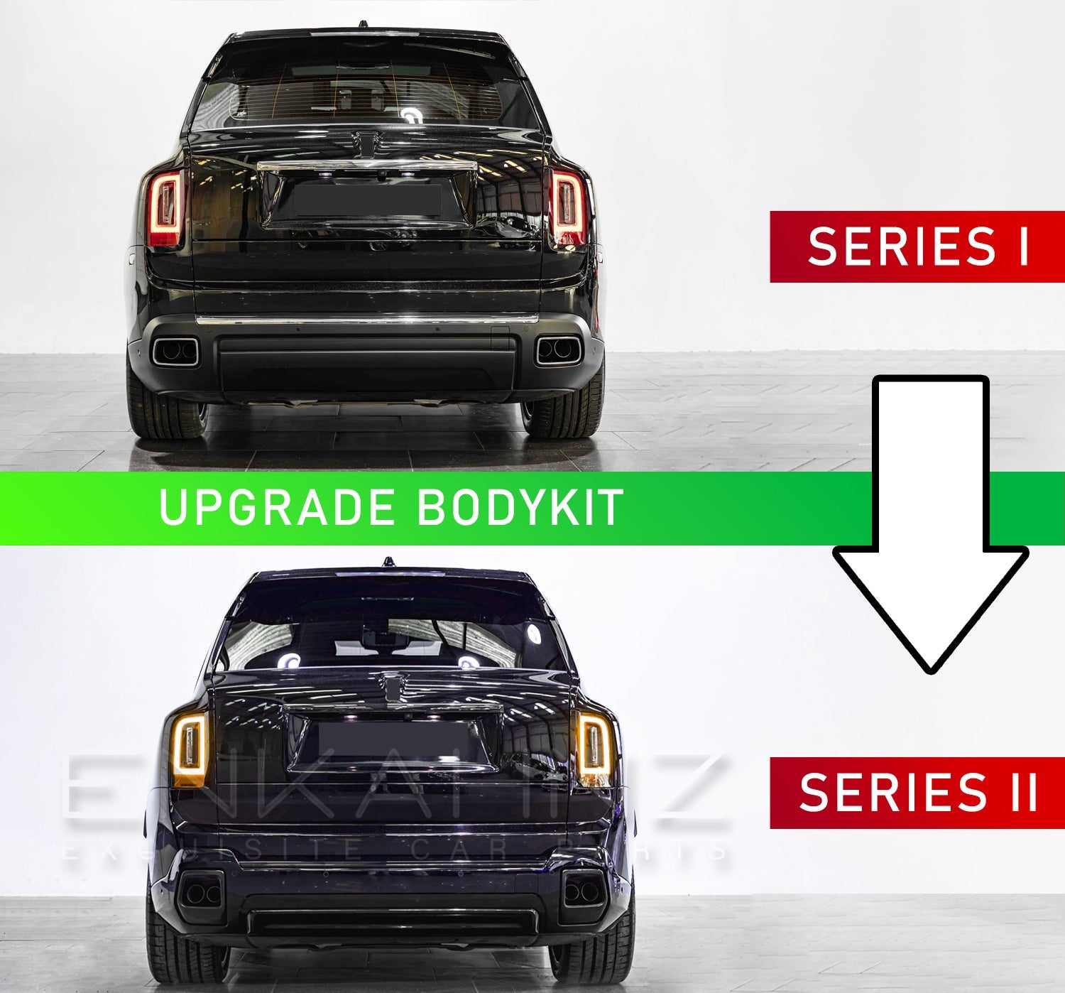 Comparison of a black SUV with 'Upgrade Bodykit' text between 'Series I' and 'Series II'.