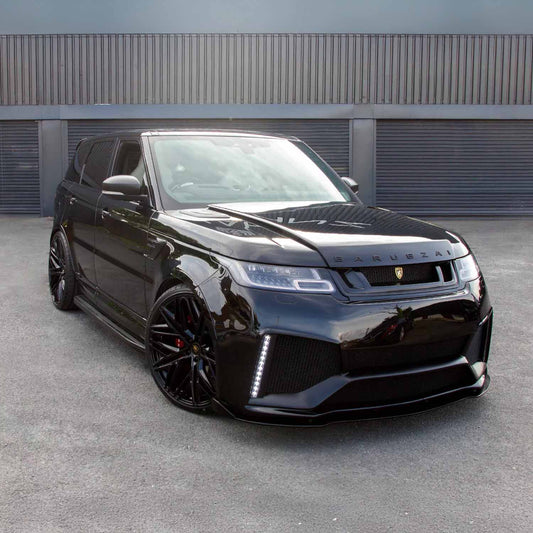 Front quarter angle of a 2018–2022 Range Rover Sport SVR finished in gloss black, fitted with the Barugzai Cabaro Wide Arch SVR bodykit by ENKAHNZ.