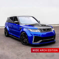 Load image into Gallery viewer, Blue and black Range Rover SVR with Barugzai Cabaro wide arch bodykit, shown from a front quarter angle on an urban street.
