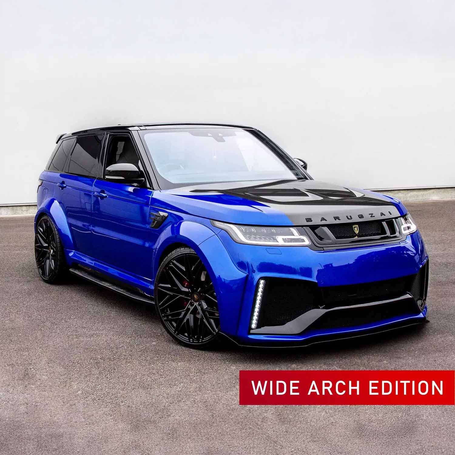 Blue and black Range Rover SVR with Barugzai Cabaro wide arch bodykit, shown from a front quarter angle on an urban street.