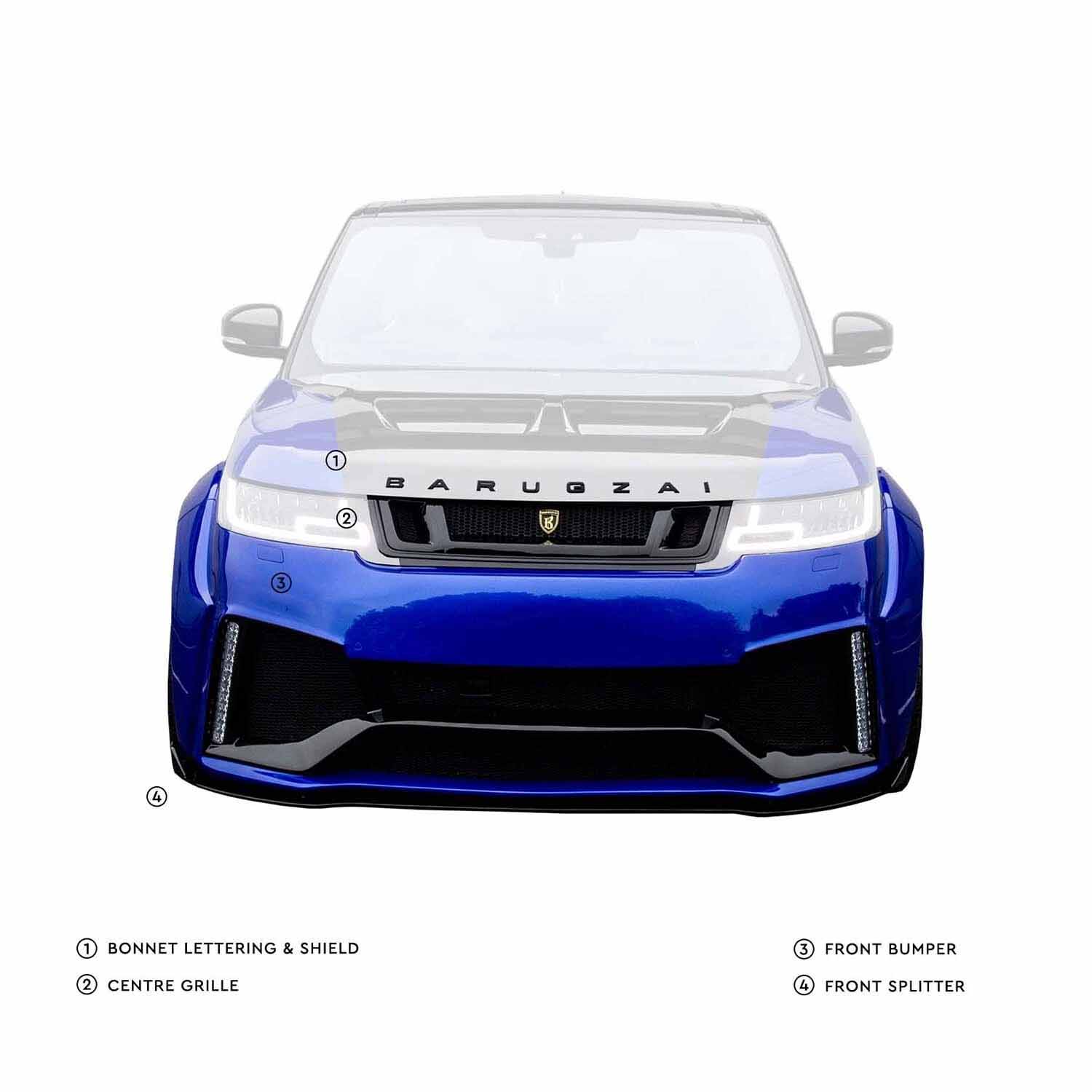 Front angle of Range Rover SVR with Barugzai Cabaro bodykit, showing bumpers, bonnet lettering, center grille, and front splitter in focus while the rest of the car is greyed out against a white background.