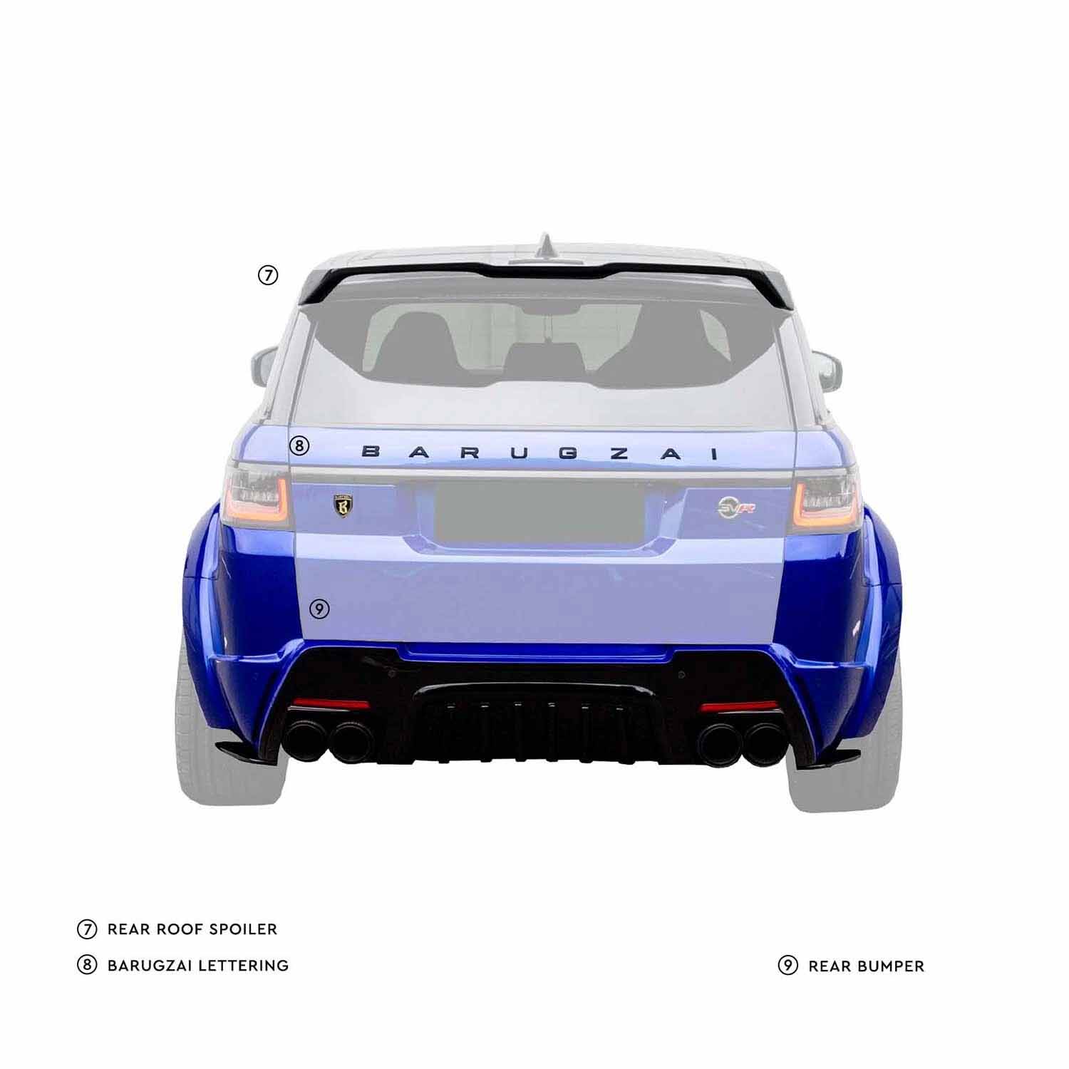 Rear angle of Range Rover SVR, with the rear roof spoiler, Barugzai letters, and rear bumper highlighted within the Barugzai Cabaro bodykit; rest of the car is desaturated.