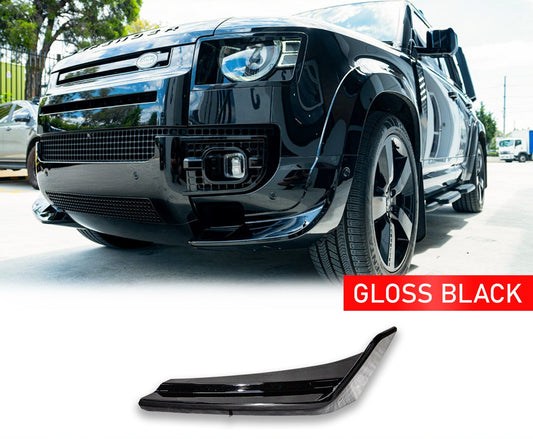 Black Land Rover Defender L663 90 / 110 / 130 (2020+) with gloss black car in front of a building, with enkahnz branding. The Front canards side angle on the bottom with a white background.