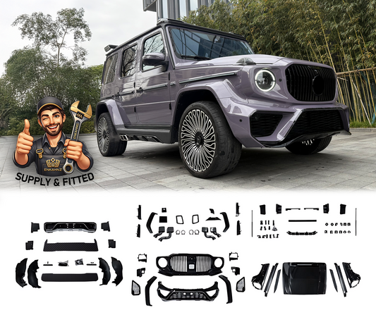 MAYBACH STYLE BODYKIT FOR G WAGON W464 2018+ G63|G500 in Front Quarer View with Front Bumper, Rear Bumper, Centre Grille, Wheel Arches (x4), Headlight Covers (x2), Bonnet, Front Wings (x2), Door Strips,, Side Skirts (x2), Exhausts (x2) and Carbon Spoilers in the bottom of the advert with a white background. 