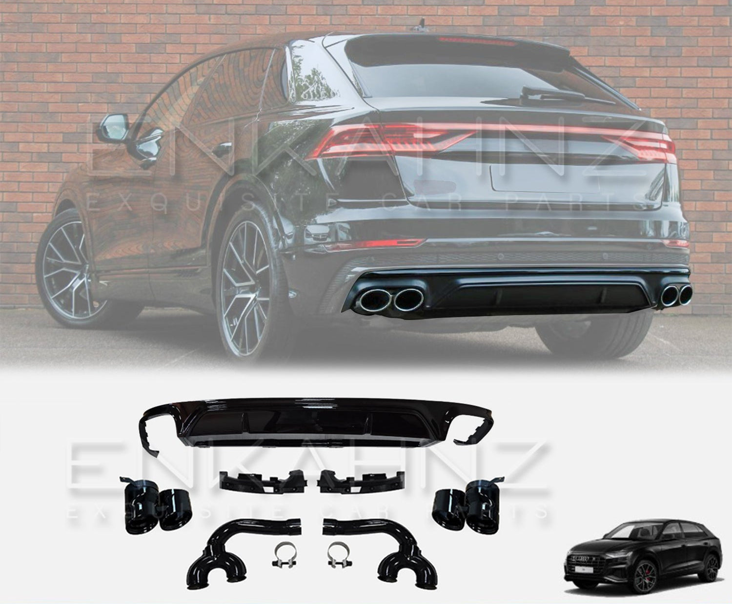 Audi SQ8 rear diffuser and exhaust tips with Enkahnz branding on a blurred car background.