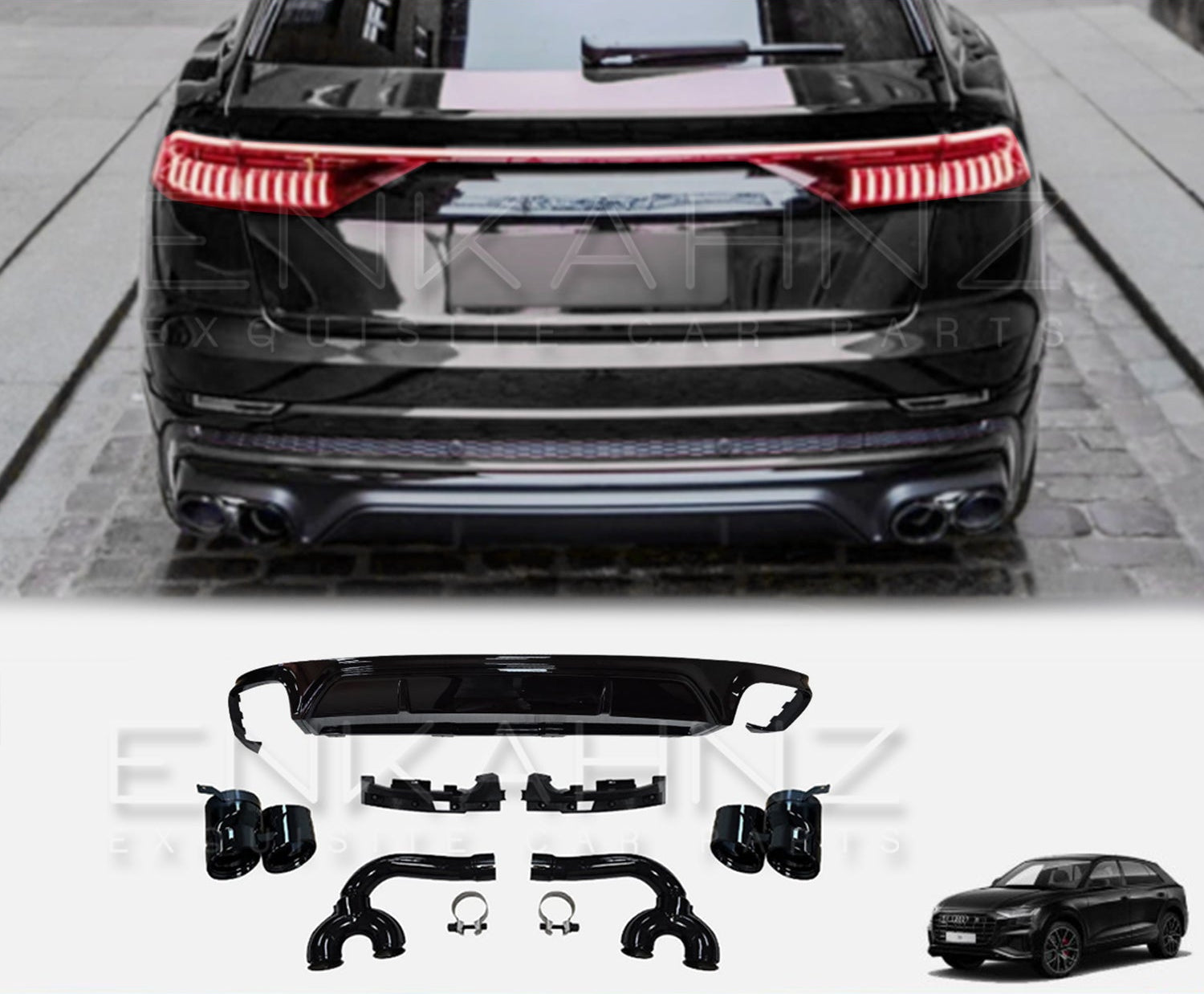 Audi SQ8 rear diffuser and exhaust tips with Enkahnz branding on a gray background.