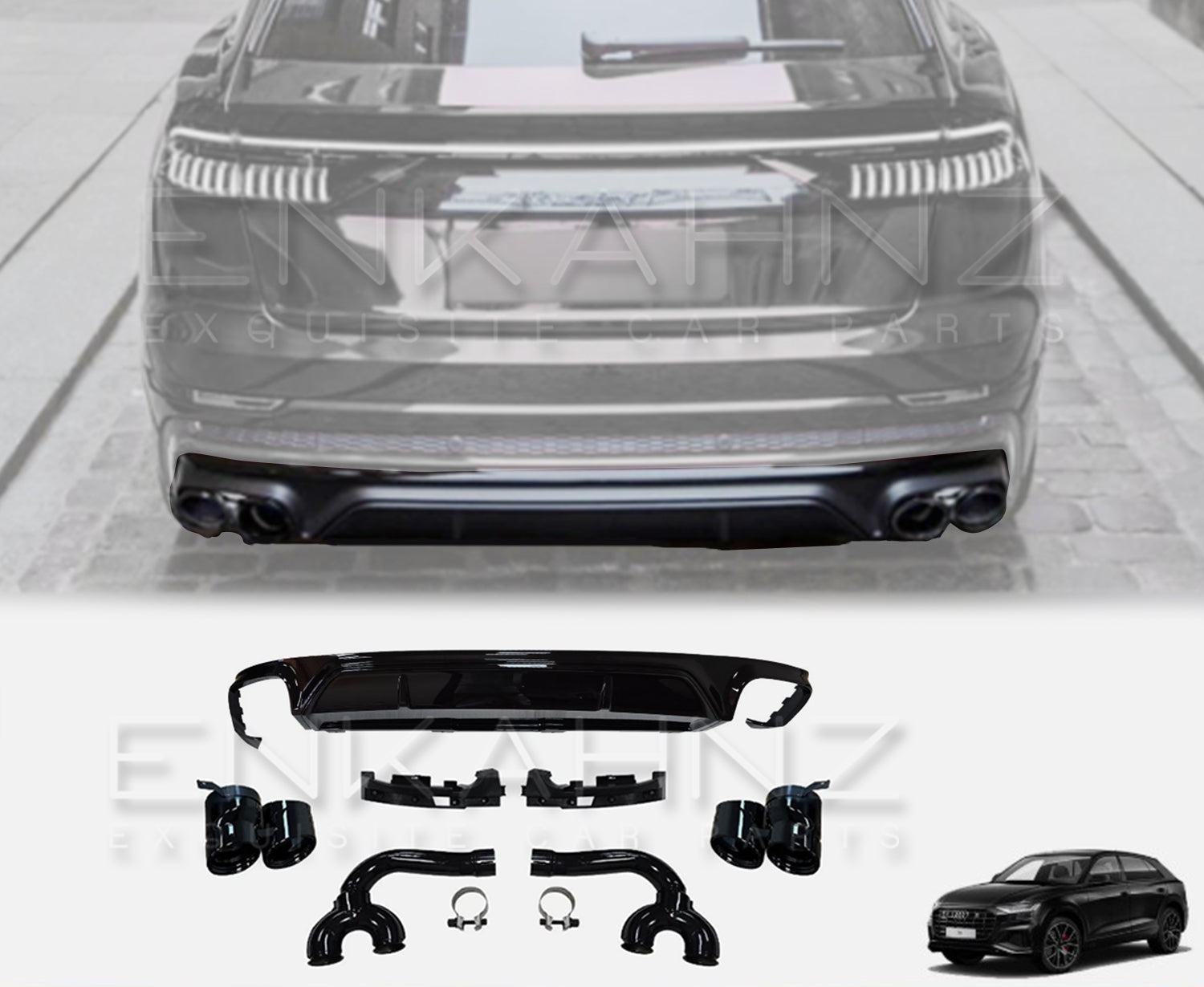 Audi SQ8 rear diffuser and exhaust tips with Enkahnz branding on a white background.
