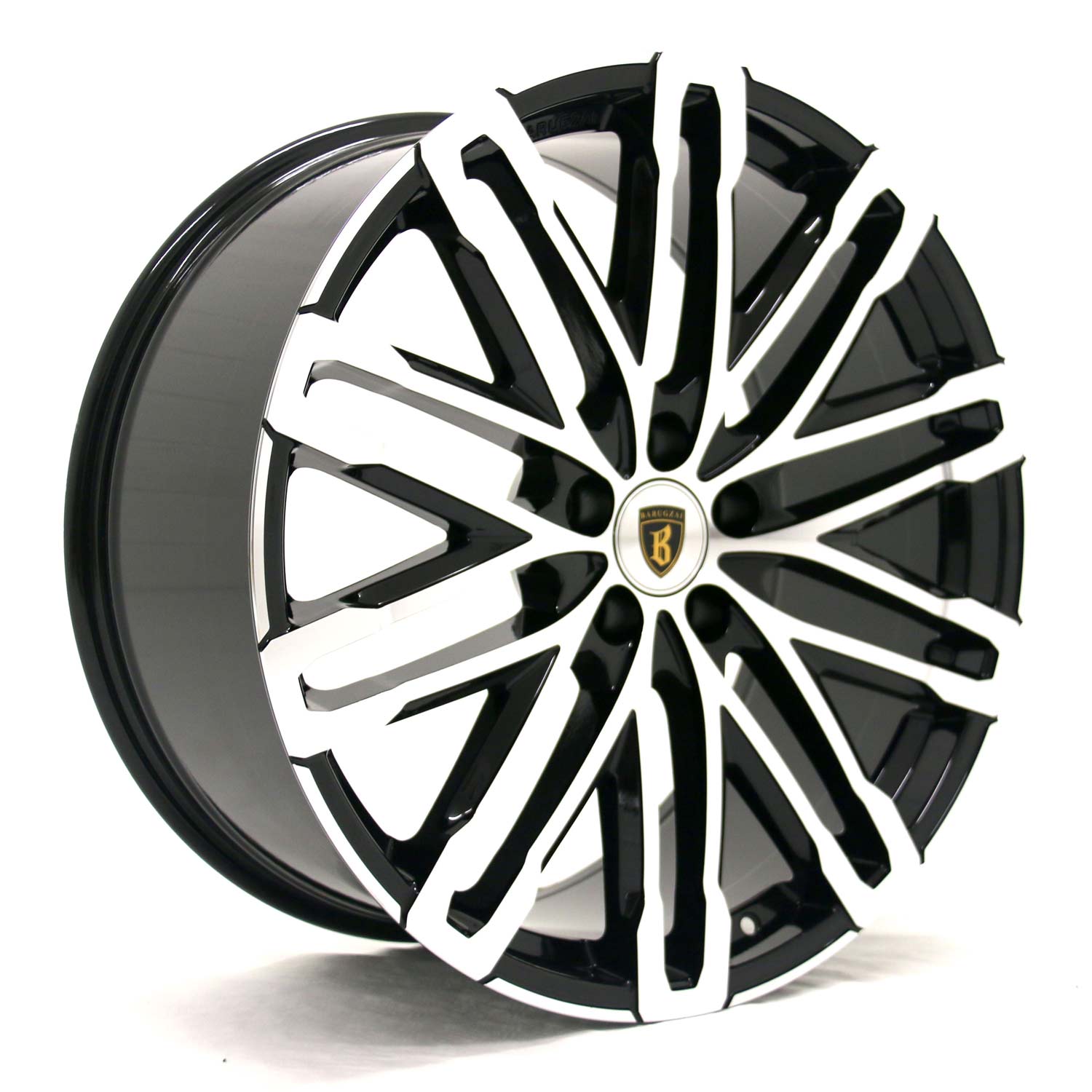 Angle shot of Barugzai Dawn 22" finished in Gloss Black Polished Face, on a white background 