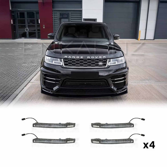 Black Range Rover Sport (2018–2022) with LM style front bumper, fitted with four Enkahnz DRL LED lights, with product images of each light displayed at the bottom.