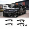 Load image into Gallery viewer, Front quarter angle of the same black Range Rover Sport LM bodykit, featuring four Enkahnz DRL LED lights and product shots at the bottom.
