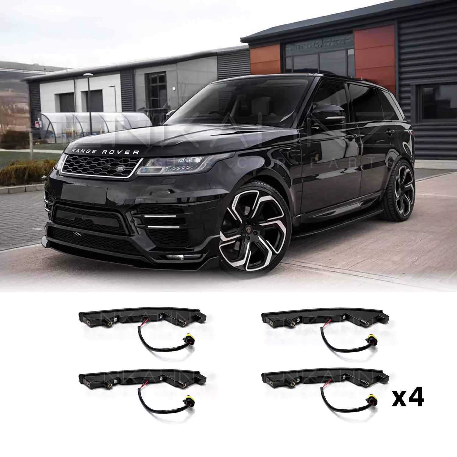 Front quarter angle of the same black Range Rover Sport LM bodykit, featuring four Enkahnz DRL LED lights and product shots at the bottom.