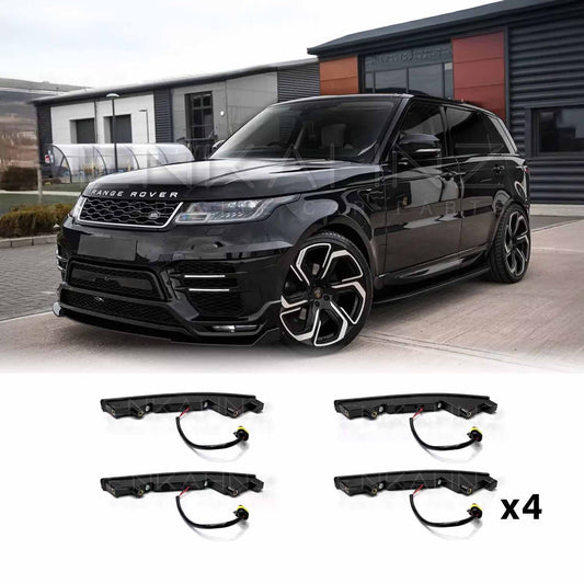Front quarter angle of the same black Range Rover Sport LM bodykit, featuring four Enkahnz DRL LED lights and product shots at the bottom.