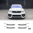 Load image into Gallery viewer, Front view of a white Range Rover Sport (2018–2022) equipped with LM style bodykit, showing the four Enkahnz DRL LED lights, with product images lined up below.
