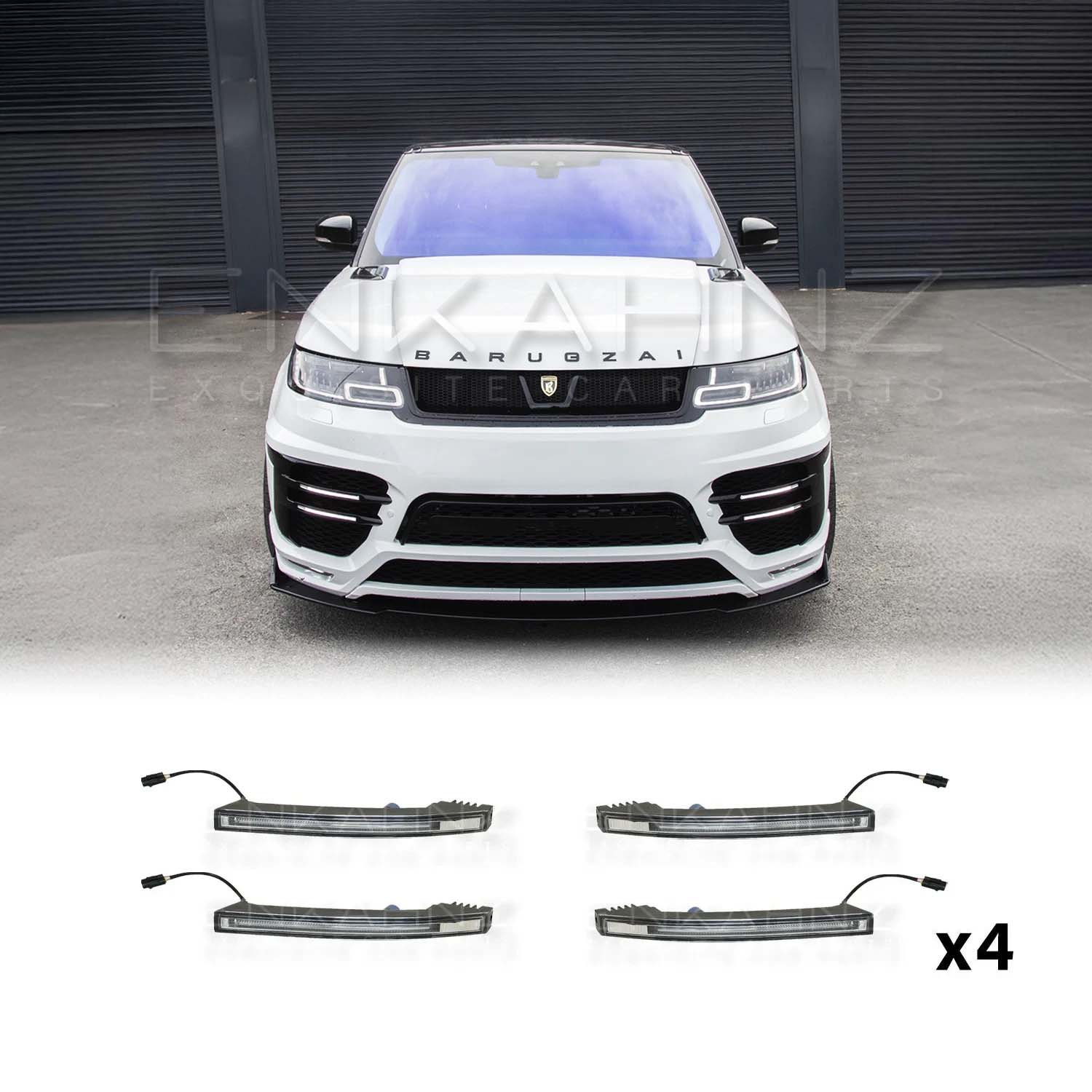 Front view of a white Range Rover Sport (2018–2022) equipped with LM style bodykit, showing the four Enkahnz DRL LED lights, with product images lined up below.