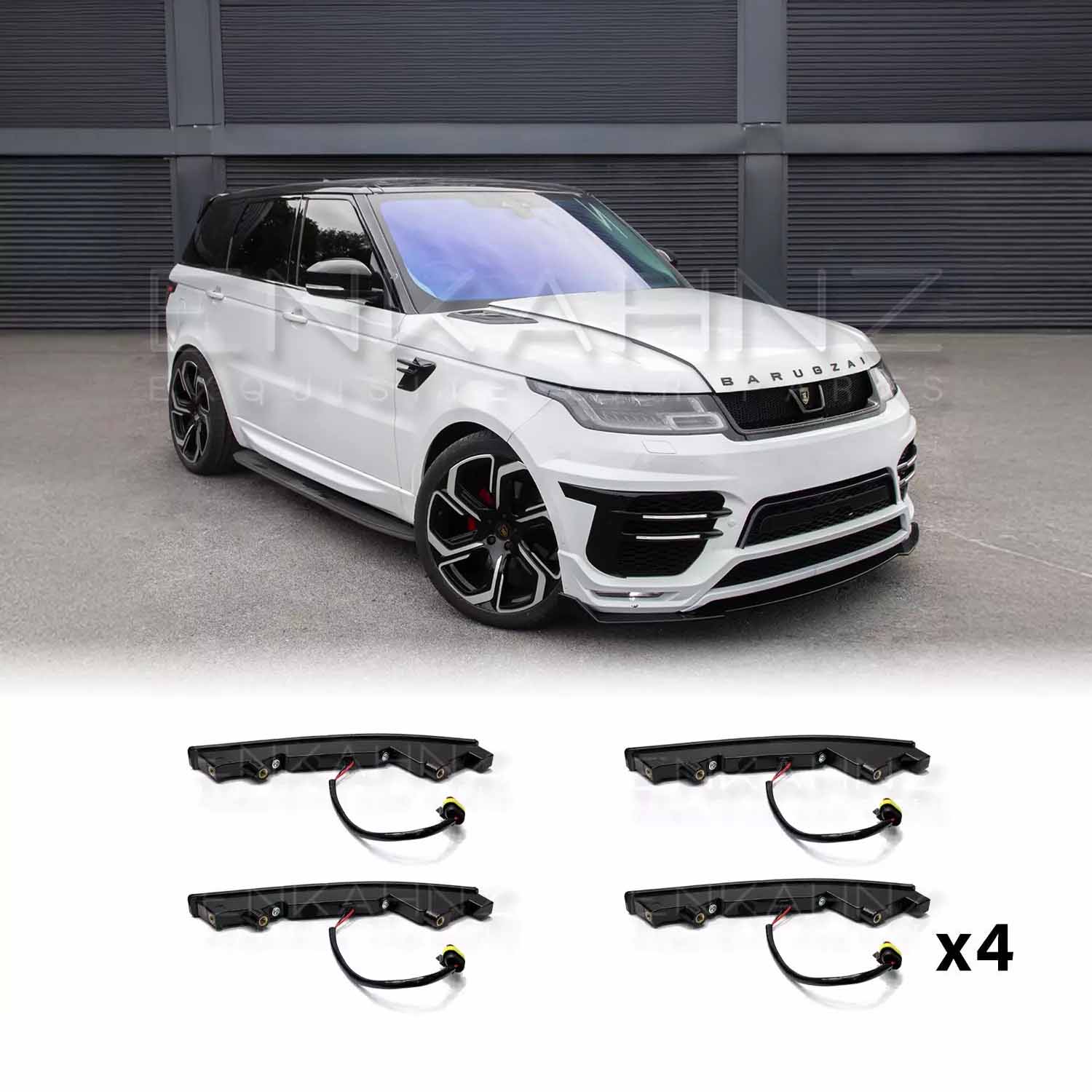 Front quarter angle of the white Range Rover Sport LM bodykit, highlighting the DRL LED light installation with product images featured at the bottom.