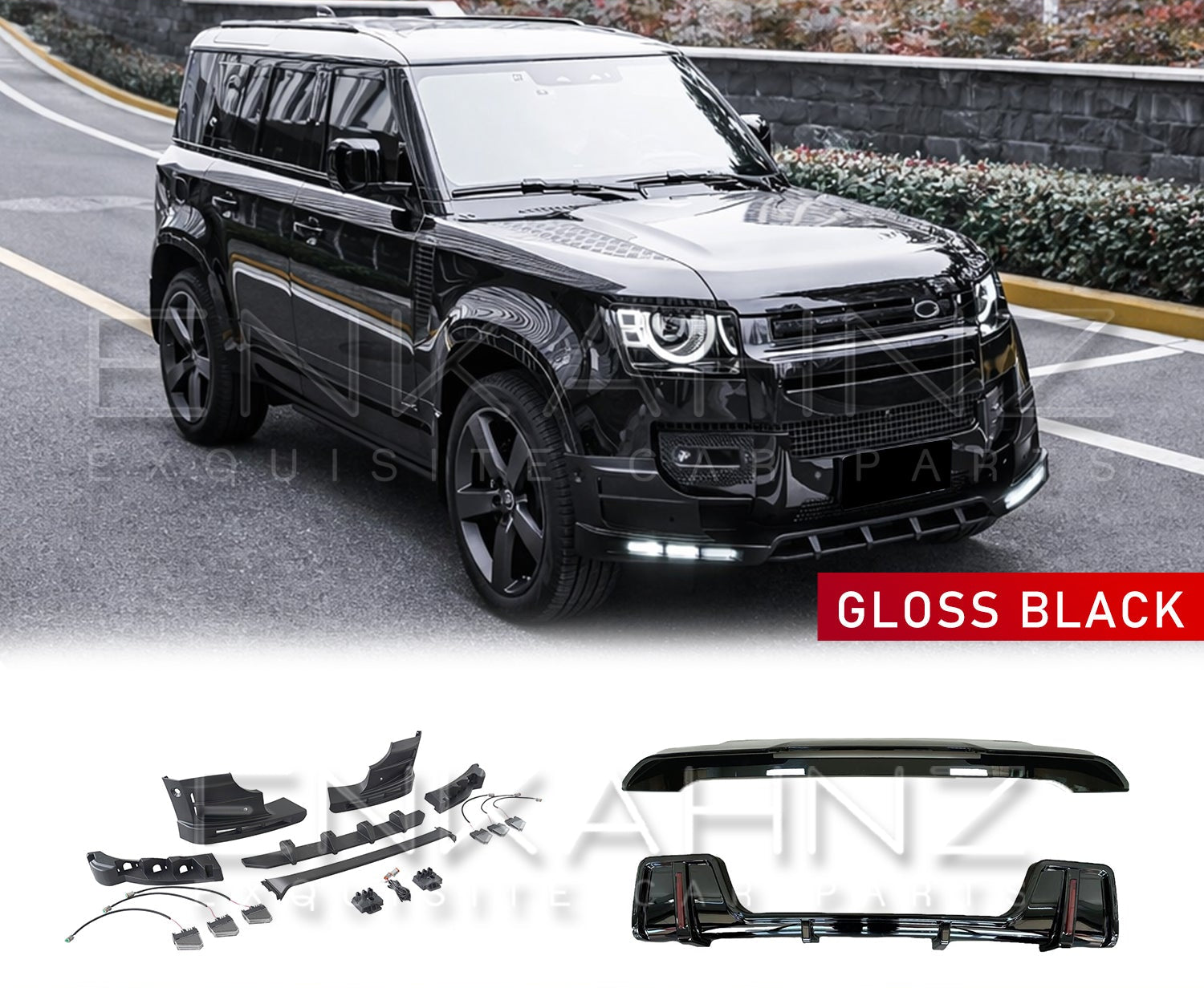 Defender L663 90 110 Rock style bodykit on the car with the parts displayed below. 