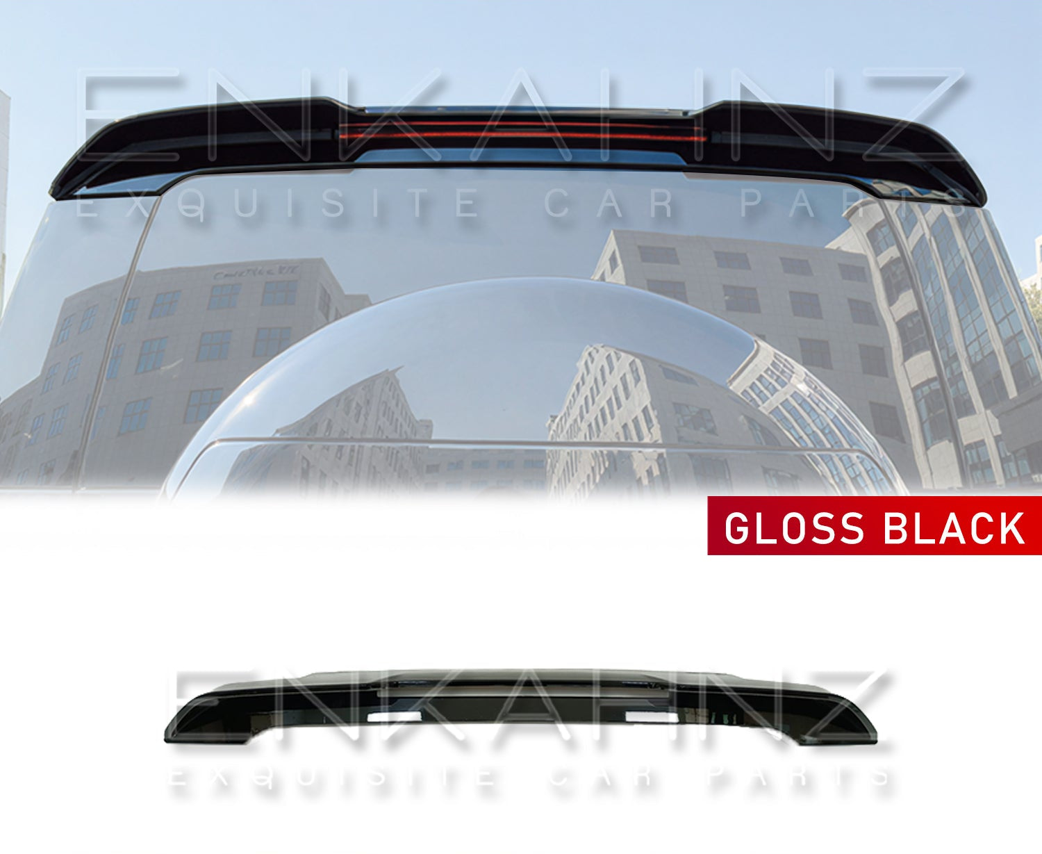 Car body kit with gloss black finish on a cityscape background, featuring Enkahnz branding.