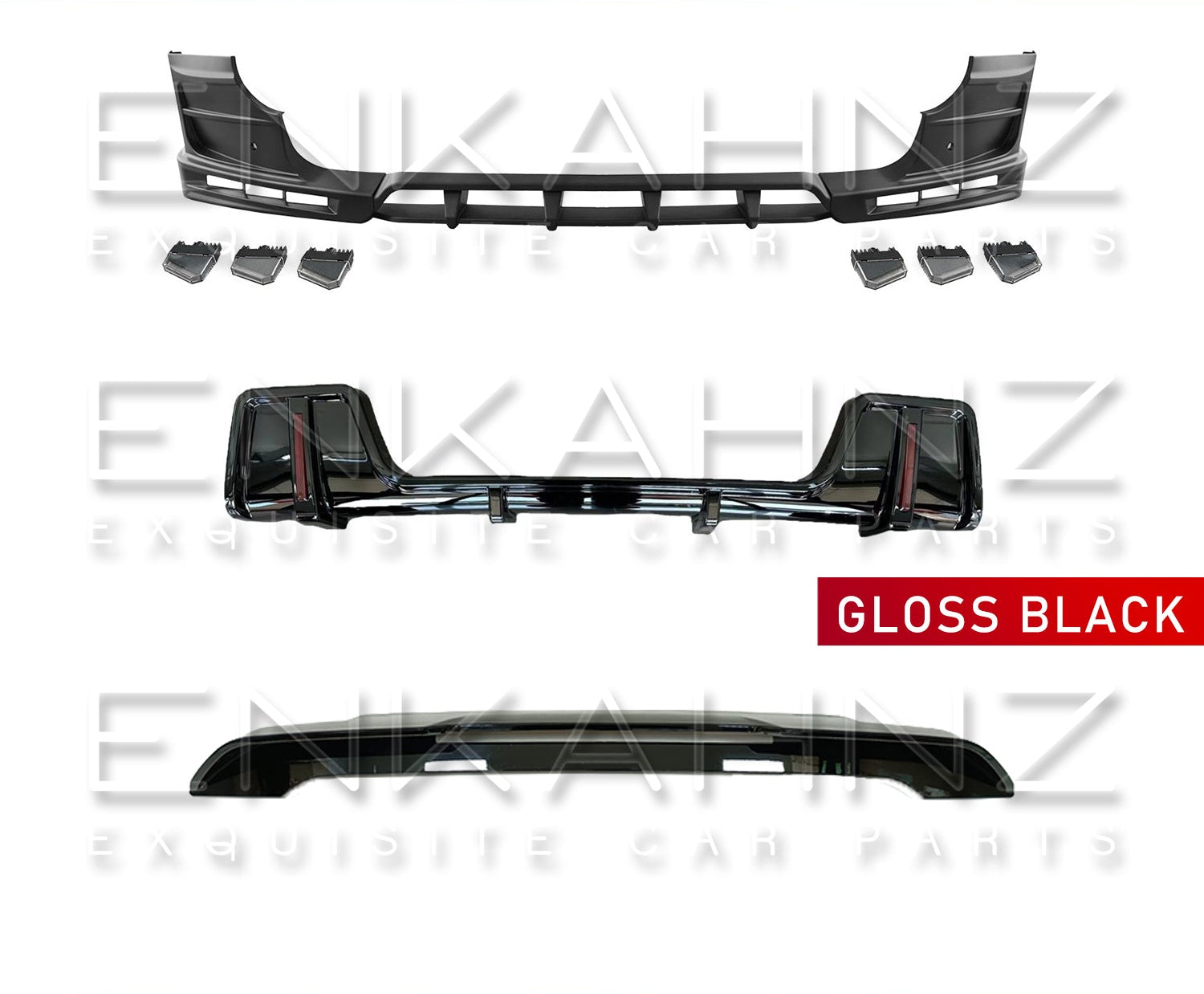 Car body kit components with 'Enkahnz' branding on a white background