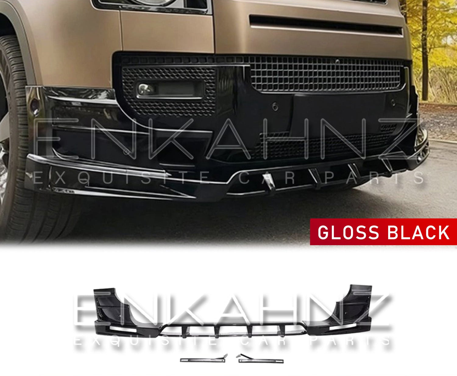 Front Quarter Close up with 'Enkahnz' branding on a vehicle in a forest setting. The Front Splitter item is displayed below. 