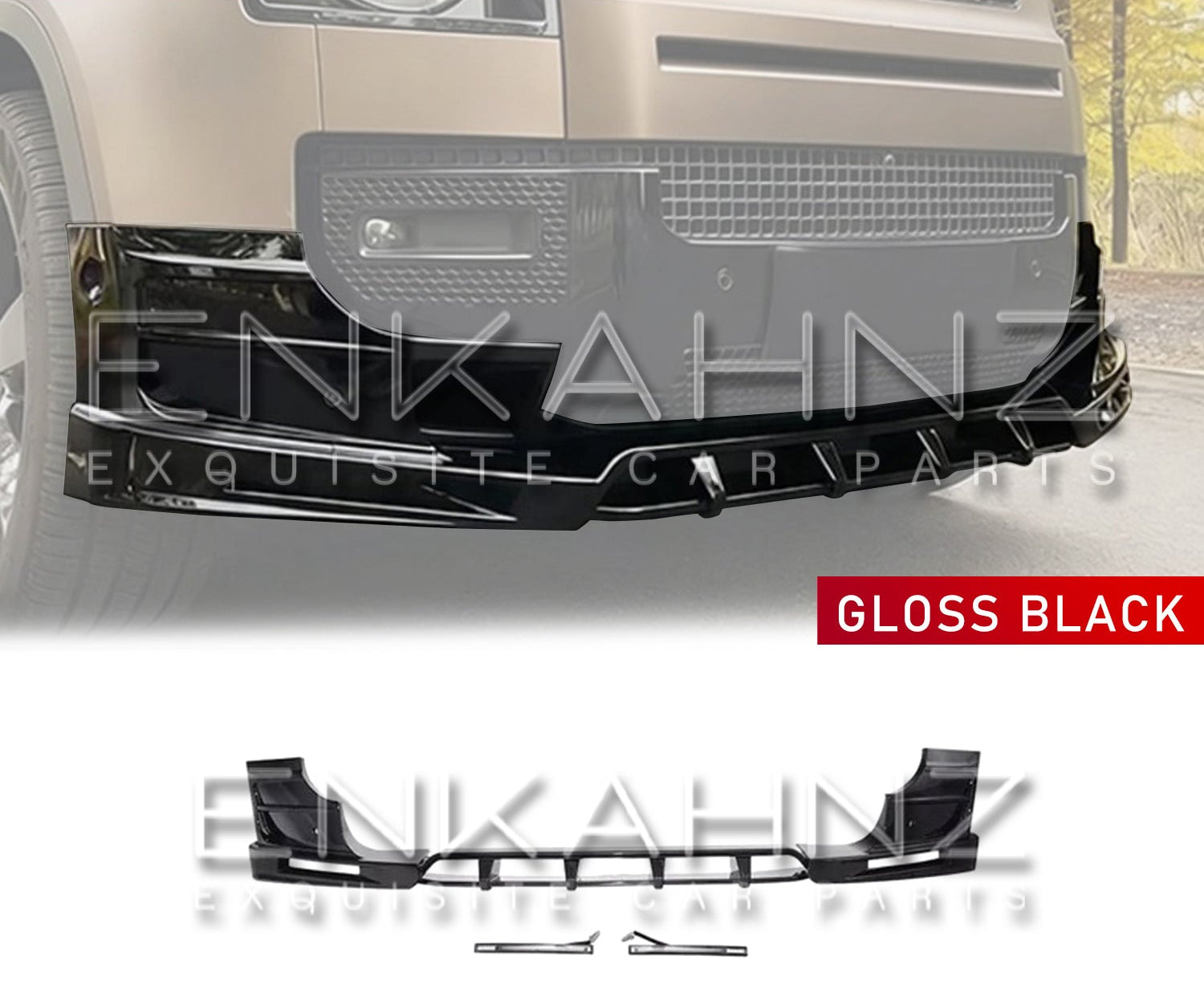 Gloss black car body kit with Enkahnz branding on a vehicle background