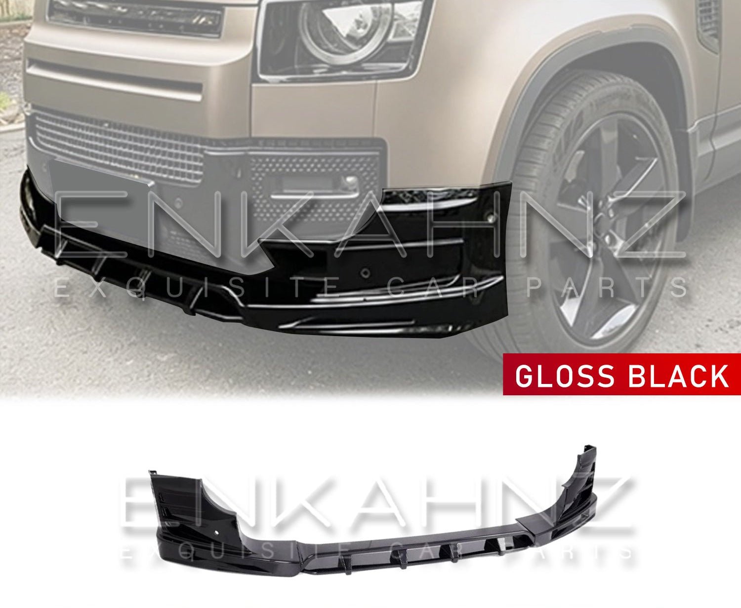 Gloss black cut-out of the front splitter car bumper on a white background with Enkahnz branding.