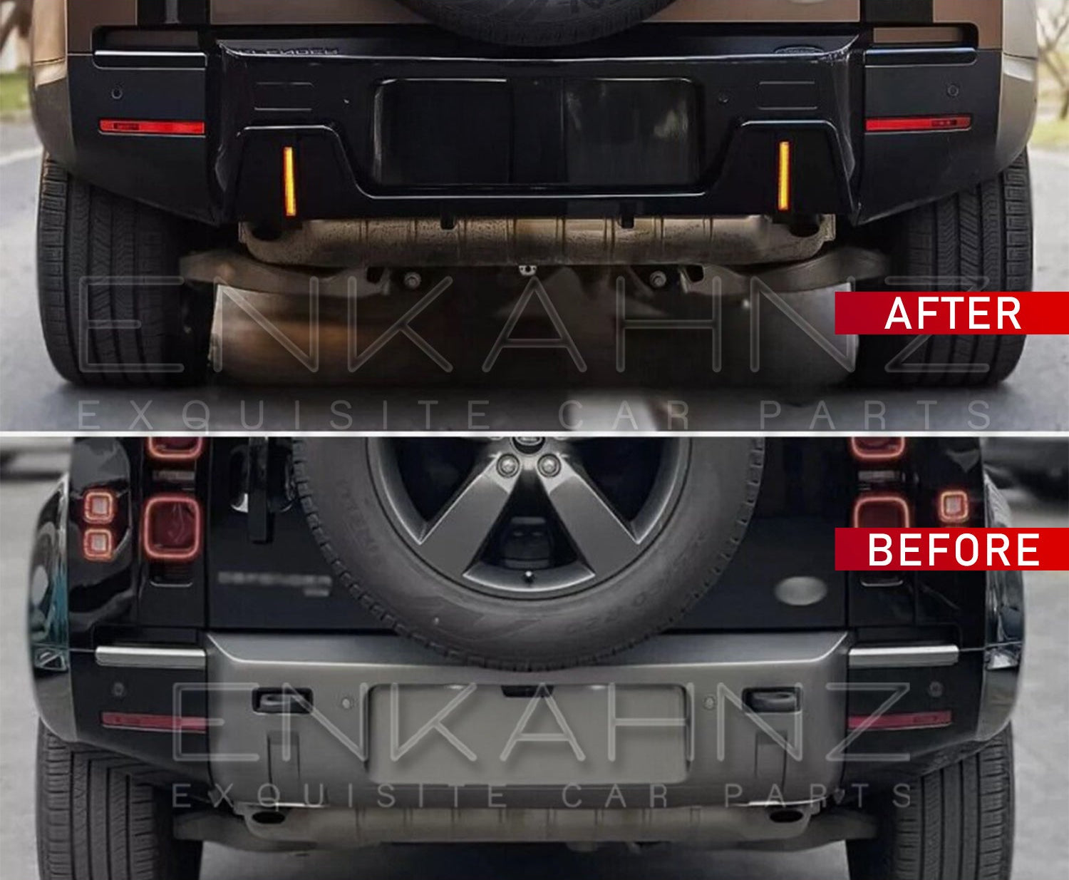 Before and after comparison of a car bumper with Enkahnz branding.