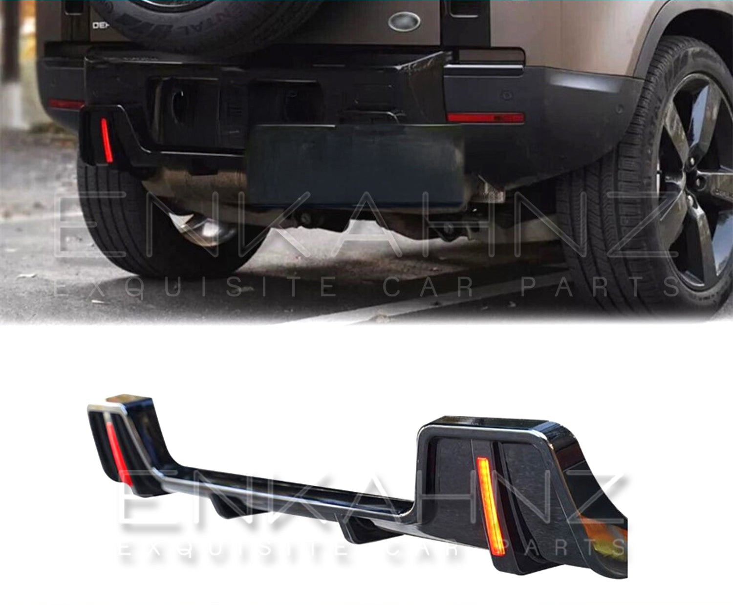 Car bumper with LED diffuser on a white background, featuring Enkahnz branding.