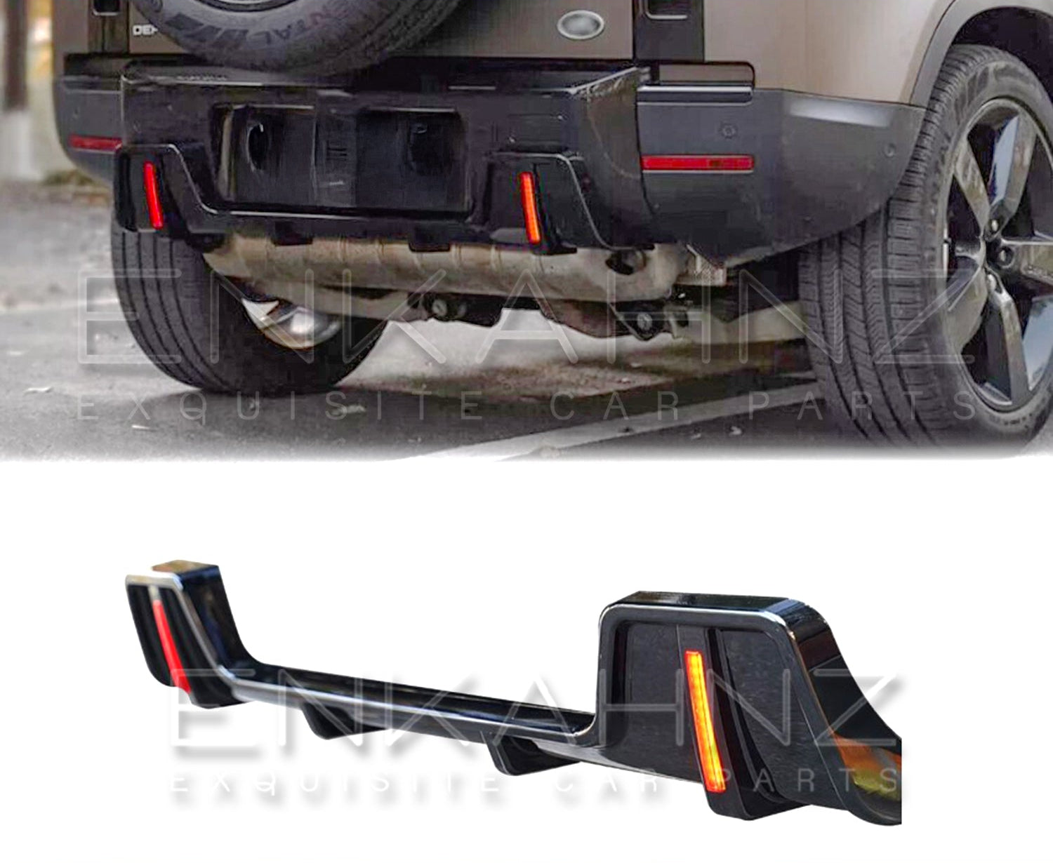 Car bumper with LED diffuser on a white background, branded as Enkahnz.