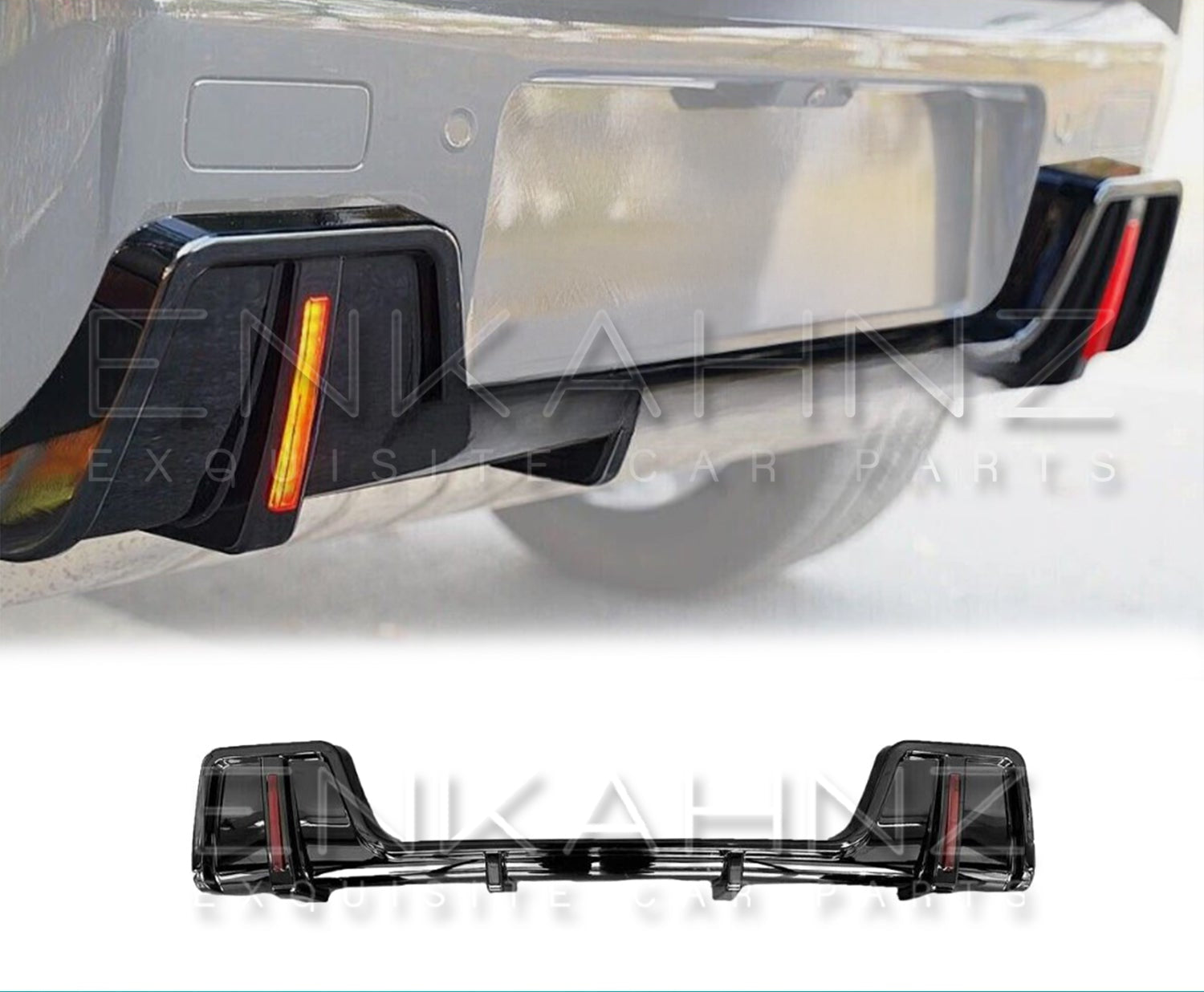 Car bumper with LED diffuser on a white background, branded with Enkahnz.