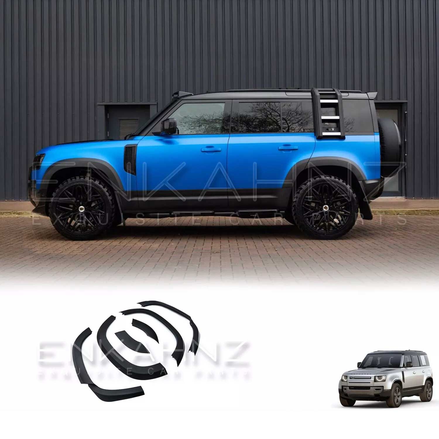 Side profile of the blue Defender 110 equipped with ENKAHNZ wide matte black wheel arches and Shuracan gloss black wheels, showcasing the bold extended arches.