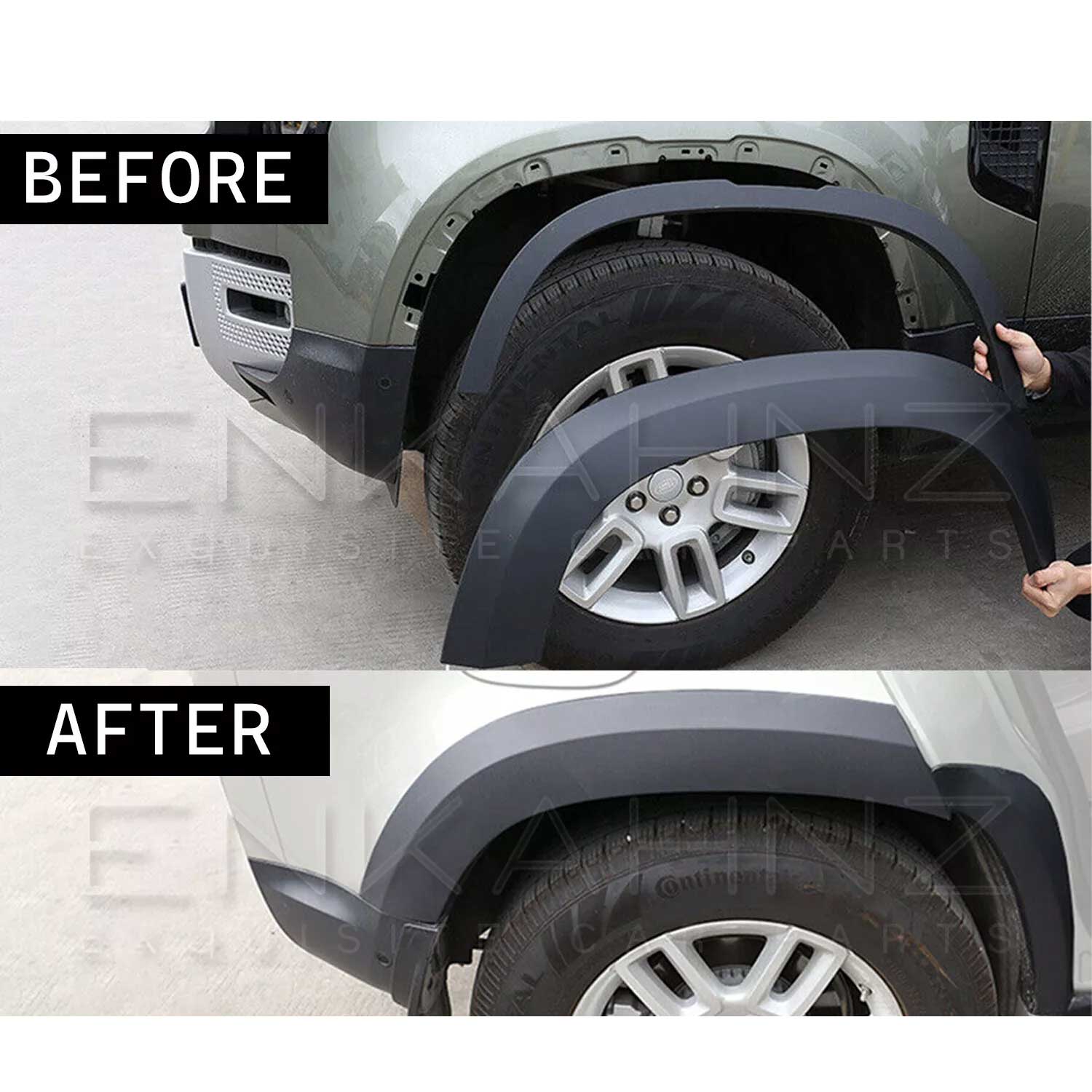 Comparison image showing before and after fitting ENKAHNZ matte black wheel arches on a blue Defender 110, illustrating the transformation to a wider, more muscular stance with Shuracan gloss black wheels.