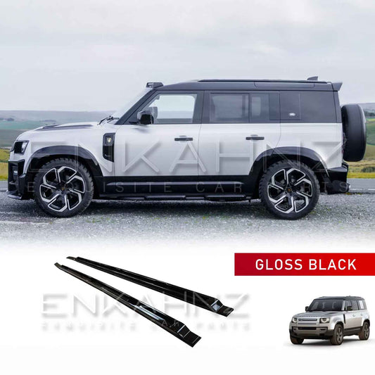Side angle view of a white Defender 110 equipped with ENKAHNZ aerodynamic roof rails and a BARUGZAI Falcon bodykit, emphasizing the stylish integration and high-quality fit for increased cargo capacity.