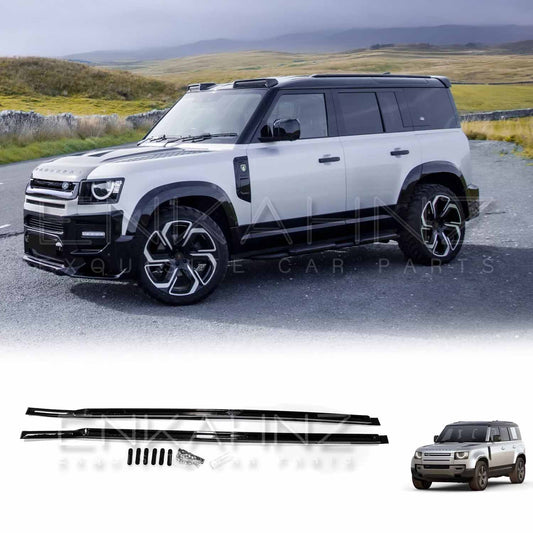 Front quarter view of a white Defender 110 featuring ENKAHNZ premium roof rails seamlessly mounted atop the vehicle, complemented by the aggressive BARUGZAI Falcon bodykit—highlighting enhanced utility and sophisticated off-road styling.