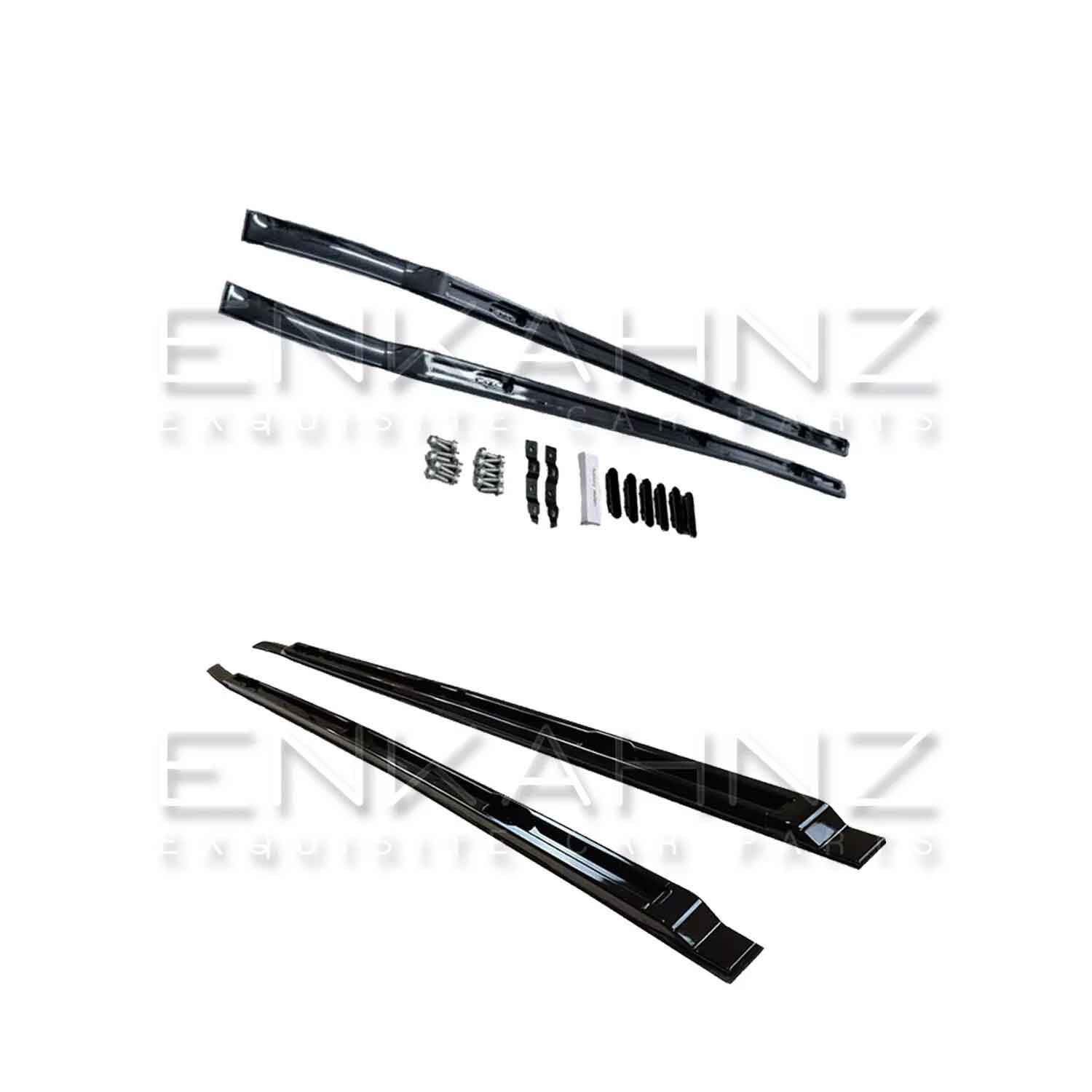 Isolated studio product image displaying ENKAHNZ durable, high-gloss black roof rails, custom engineered for perfect compatibility with Defender 110—showcasing robust construction and sleek, modern design for adventure-ready mounting solutions.