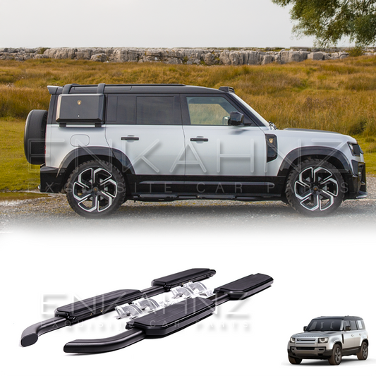 White Defender 110 with black roof rack and side steps on a grassy field background with side step product at the bottom