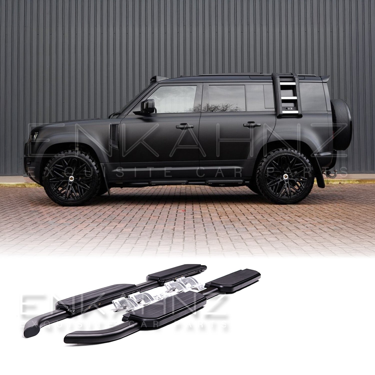 Black Defender Side ways with ENKAHNZ aftermarket side step part with product image at the bottom