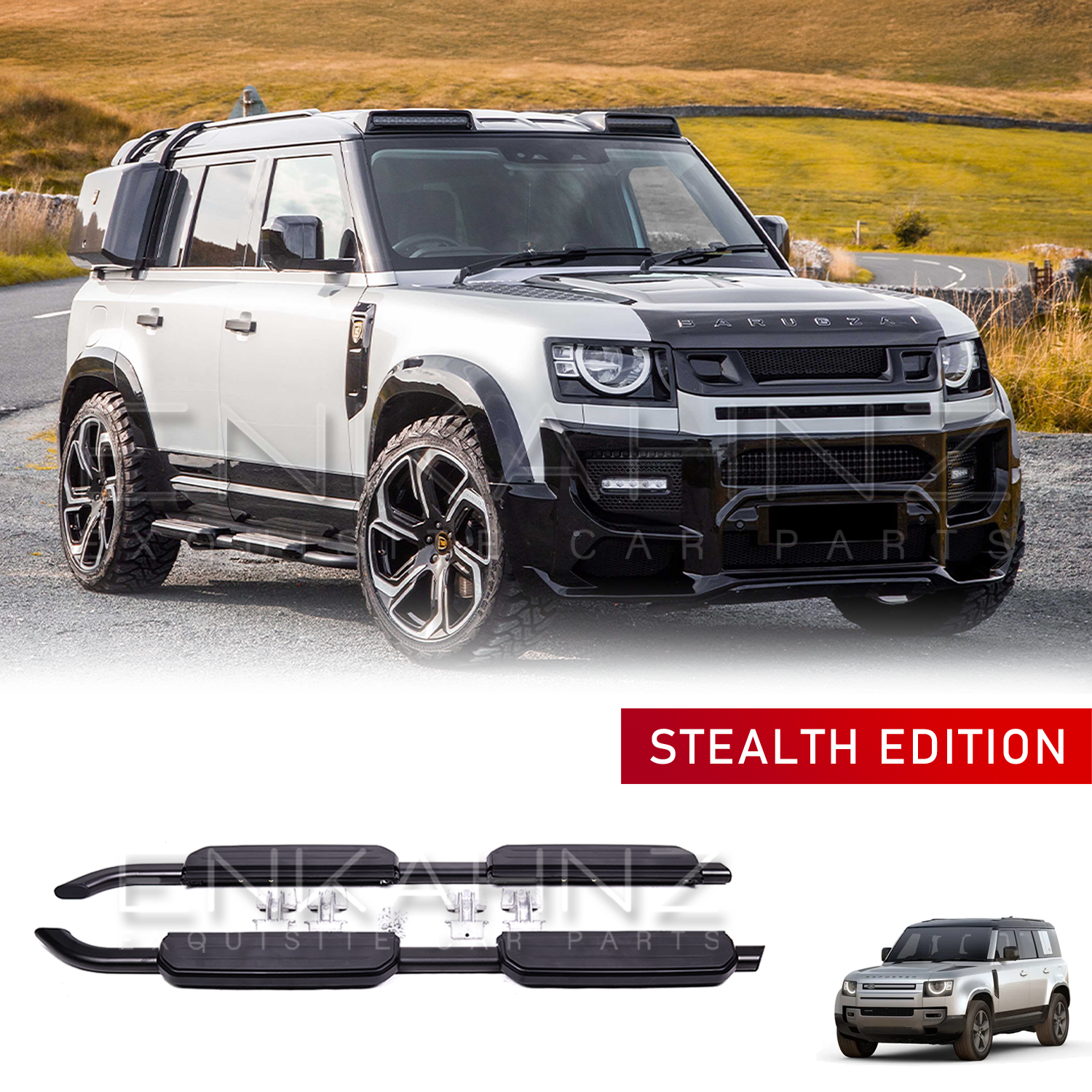 White Land Rover Defender on a road with 'Stealth Edition' text and additional vehicle parts displayed below.