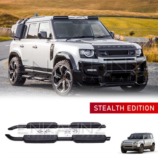 White Land Rover Defender on a road with 'Stealth Edition' text and additional vehicle parts displayed below.