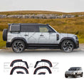 Load image into Gallery viewer, White Defender 110 with BARUGZAI Falcon bodykit on showcasing ENKAHNZ gloss black wheel arches from Side angle
