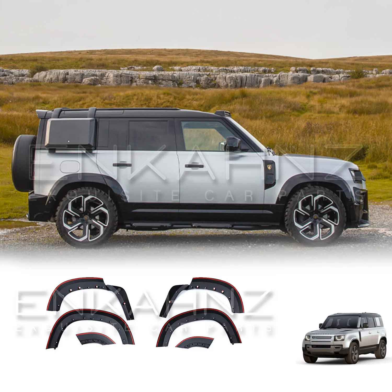 White Defender 110 with BARUGZAI Falcon bodykit on showcasing ENKAHNZ gloss black wheel arches from Side angle