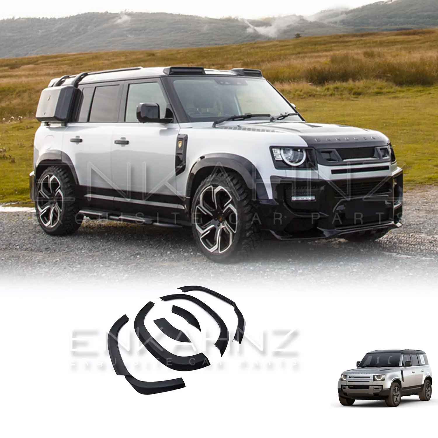 White Defender 110 with BARUGZAI Falcon bodykit on showcasing ENKAHNZ gloss black wheel arches from quarter front angle