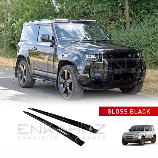 Front angle view of a black 2020 Defender 90 with black roof rails installed.