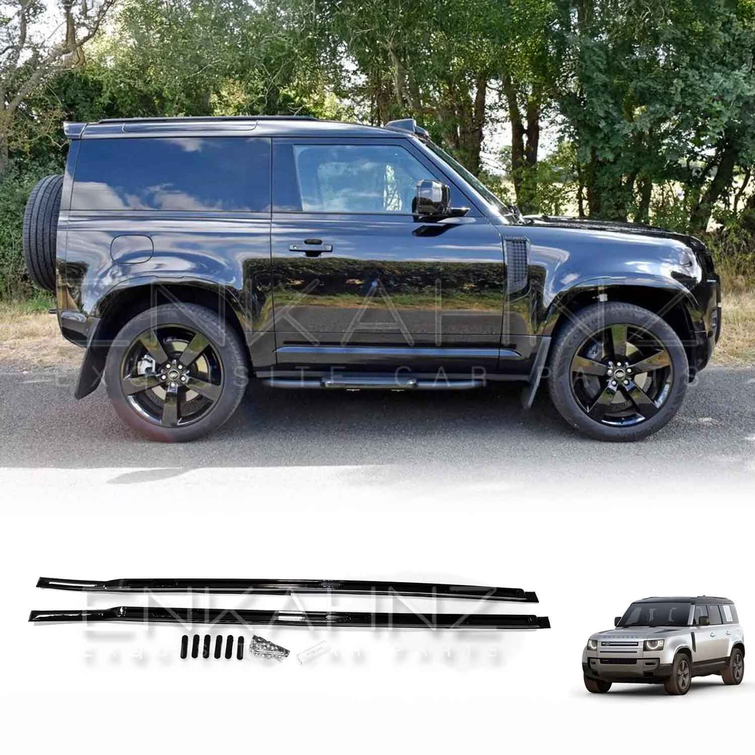 Side profile of a black Defender 90 2020 model showing roof rails fitted on top.
