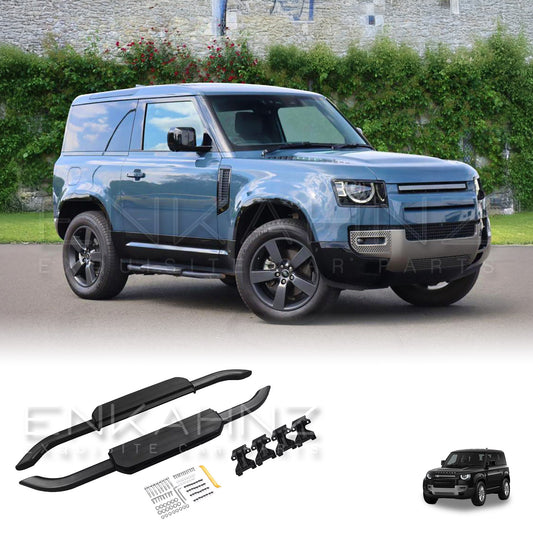 Blue Defender 90 with Enkahnz side steps on with a product image at bottom to display