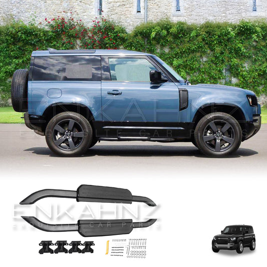 Blue Defender 90 with black side steps on a road, featuring Enkahnz Side steps.