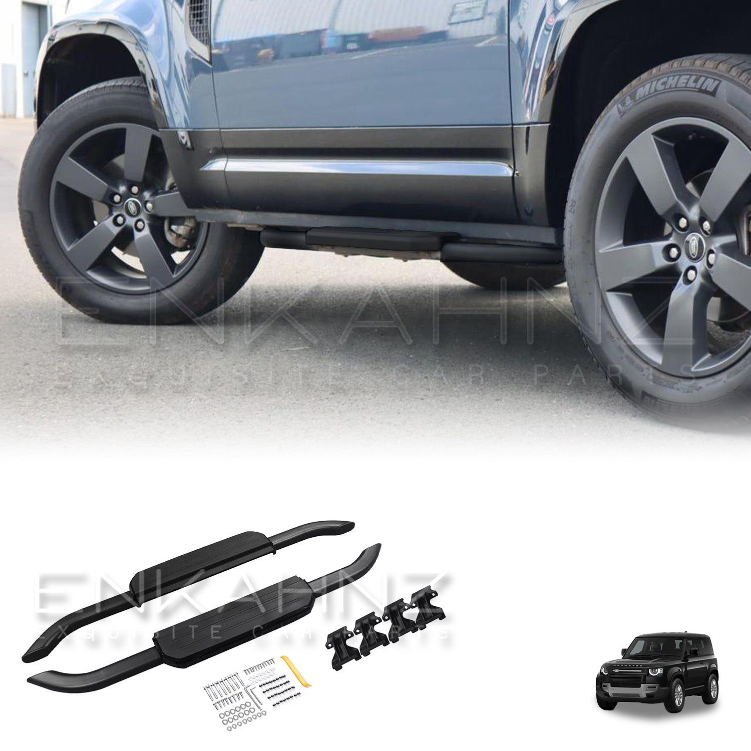 A close up on the enkahnz side step fit on defender 90 blue color wih product image showcased at the bottom